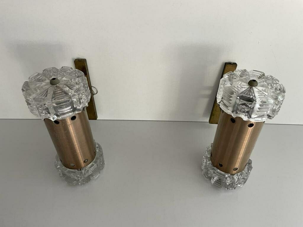 Italian Design Twin Shade Crystal Glass Pair Of Sconces By Stilux Milano, 1960s, Italy photo Lighting