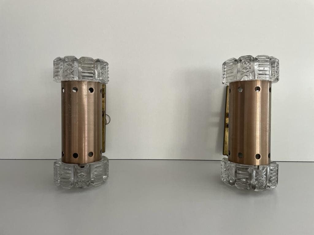 Italian Design Twin Shade Crystal Glass Pair Of Sconces By Stilux Milano, 1960s, Italy photo vinterior