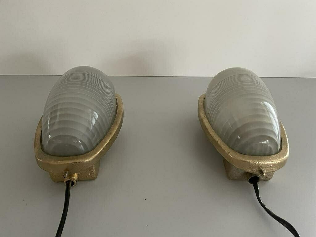 Italian Glass And Gold Coated Brass Pair Of Industrial Sconces By Lambda, 1960s, Italy