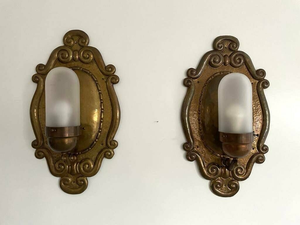 Exceptional Art Deco Glass And Copper Body Pair Of Sconces, 1940s, Germany