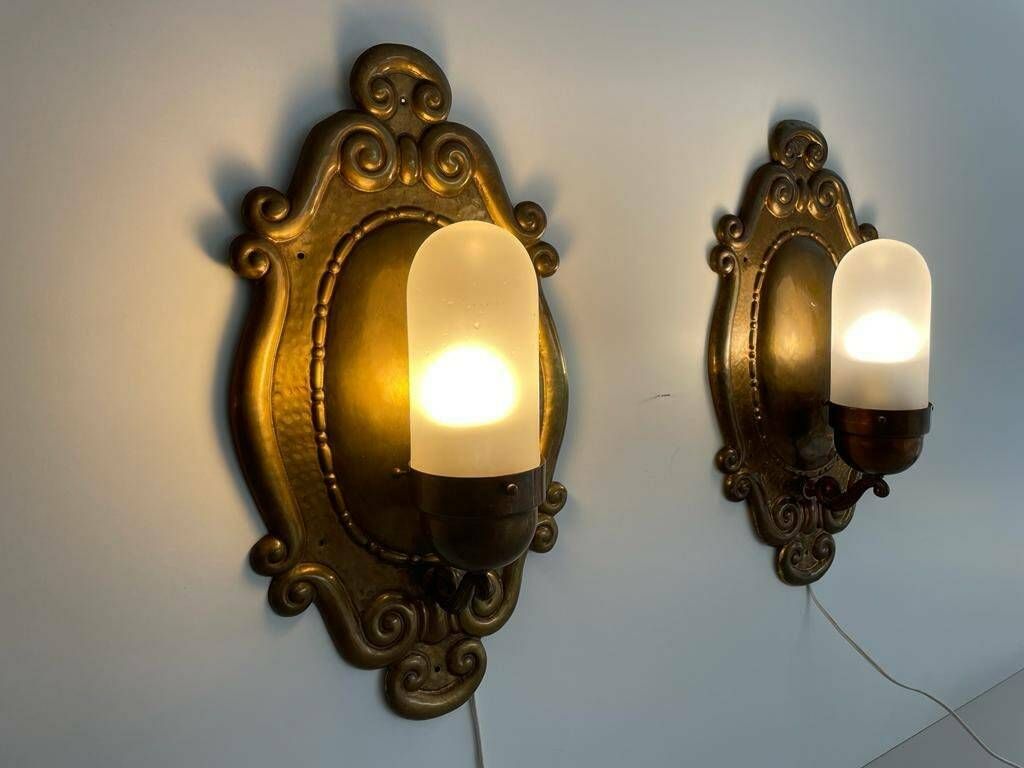 Exceptional Art Deco Glass And Copper Body Pair Of Sconces, 1940s, Germany photo for sale