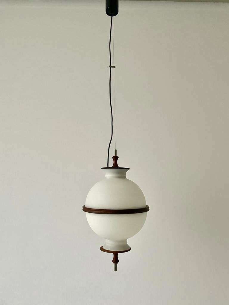 Opal Glass Ceiling Lamp By Reggiani Illuminazione With Teak Details, 1960s, Italy