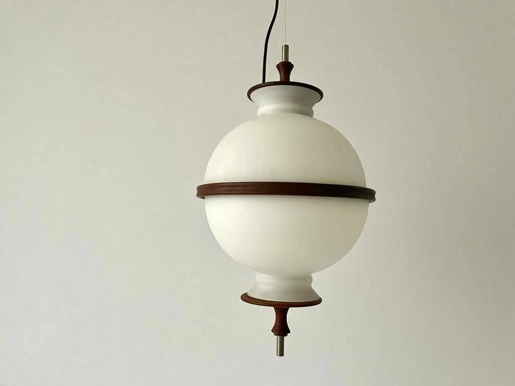 Opal Glass Ceiling Lamp By Reggiani Illuminazione With Teak Details, 1960s, Italy photo furniture