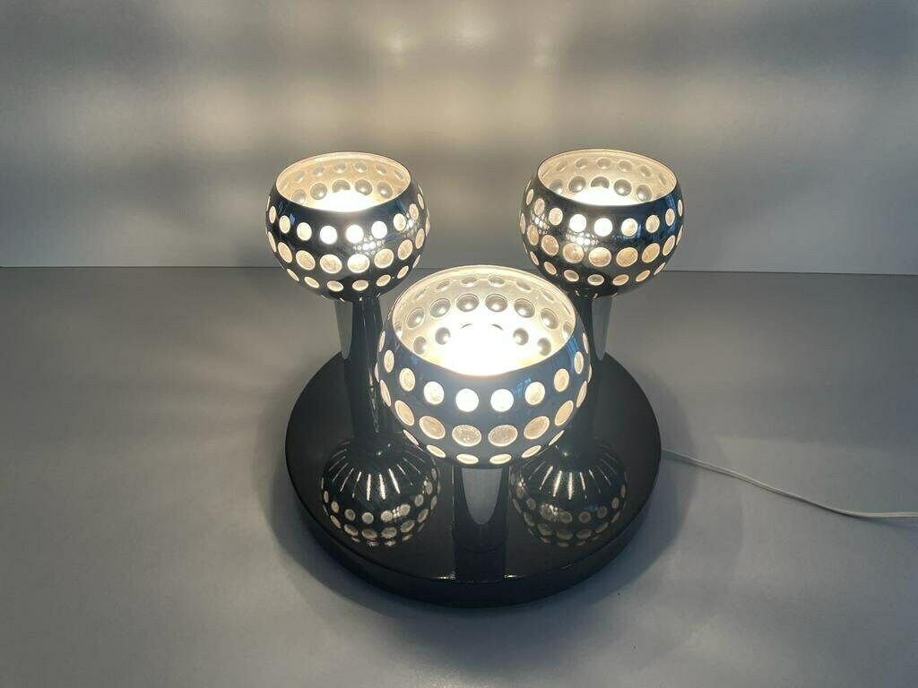 Italian Space Age 3 Shade Flush Mount Ceiling Lamp With Wooden Base, 1970s, Italy photo Lighting