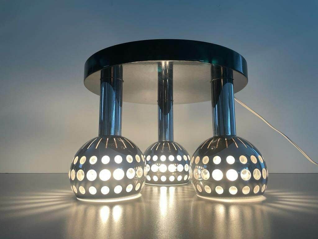 Italian Space Age 3 Shade Flush Mount Ceiling Lamp With Wooden Base, 1970s, Italy photo buy