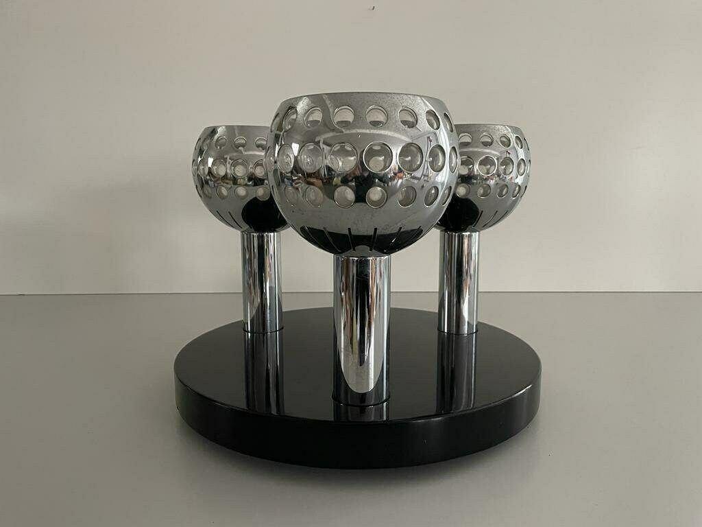 photo furniture Italian Space Age 3 Shade Flush Mount Ceiling Lamp With Wooden Base, 1970s, Italy