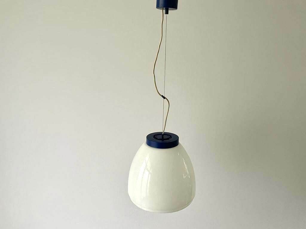 Italian White Glass Pendant Lamp With Dark Blue Top, 70s/80s, Italy photo vinterior