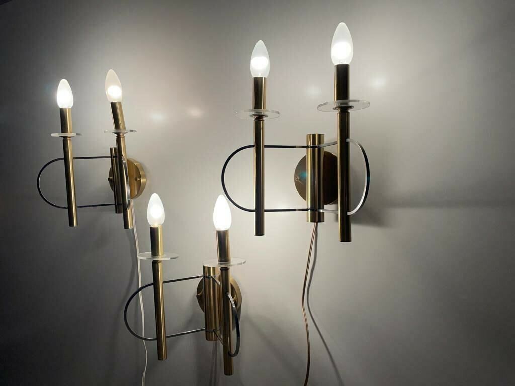 Mid Centuy Modern Cylindrical Twin Shade Gold Set Of 3 Sconces By Sciolari, 1960s, Italy photo 2662.0