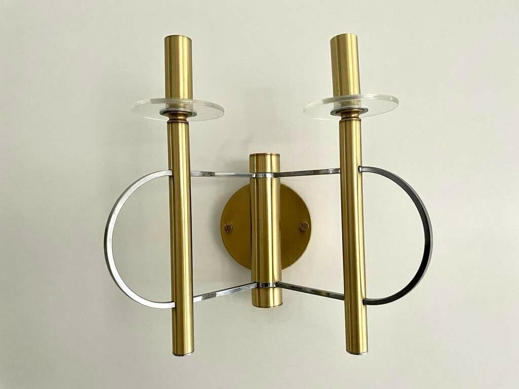 Mid Centuy Modern Cylindrical Twin Shade Gold Set Of 3 Sconces By Sciolari, 1960s, Italy photo vintage