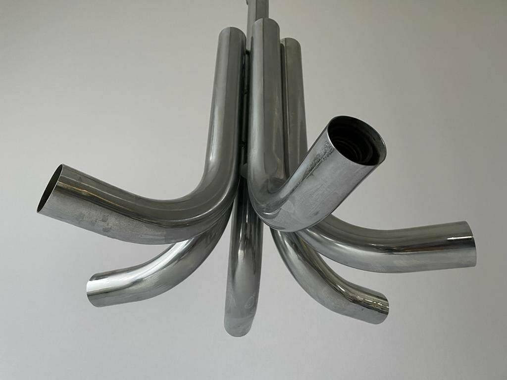 Italian 6 Tubular Design Chrome Chandelier By Stilux Milano, 1960s, Italy photo vintage