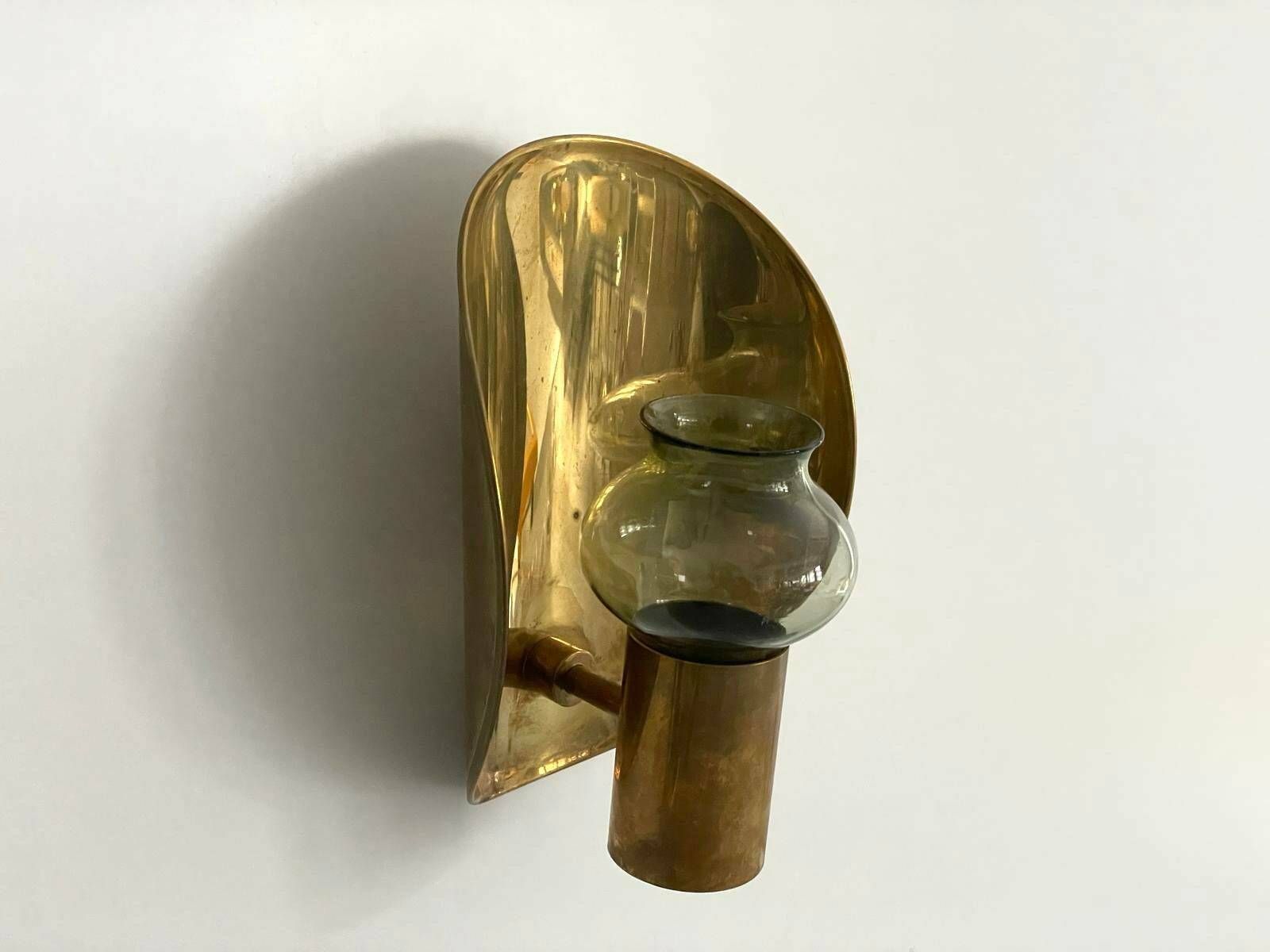 German Modernist Brass Curved Backside And Glass Candle Holder, Probably Scandinavia, 50s photo furniture