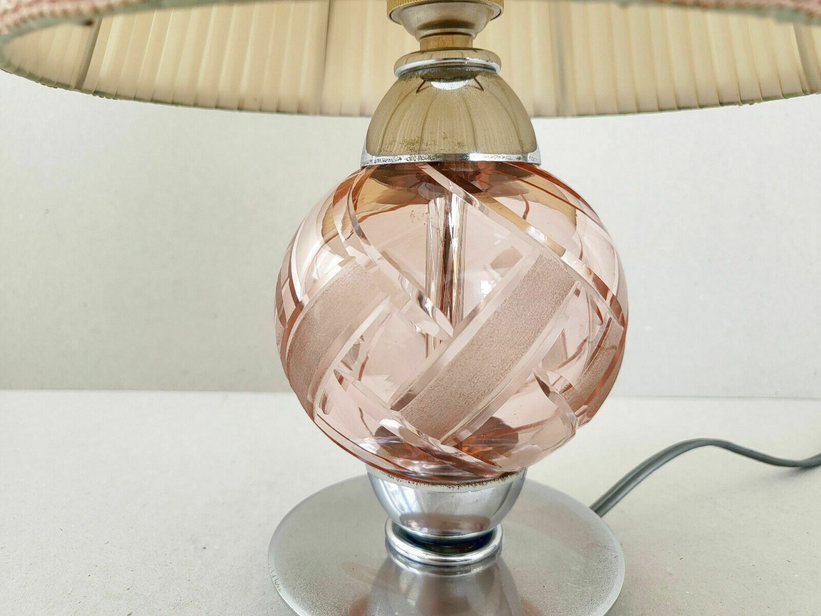 Vintage 1950 Art Deco Style Chrome & Pink Glass Table Lamp 50s 1950s photo furniture