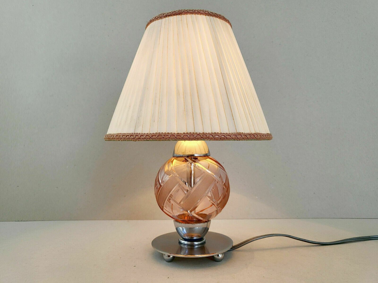 Vintage 1950 Art Deco Style Chrome & Pink Glass Table Lamp 50s 1950s photo vintage