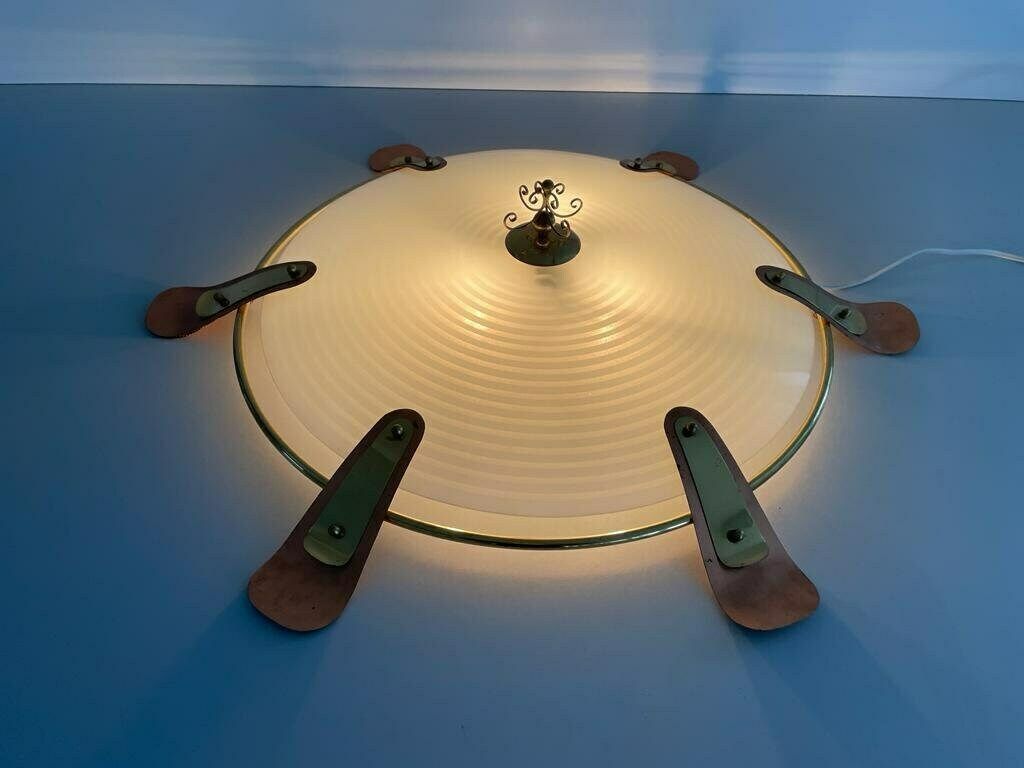 50s German Large Glass Flush Mount Ceiling Lamp With Copper And Gold Metal Frame photo furniture
