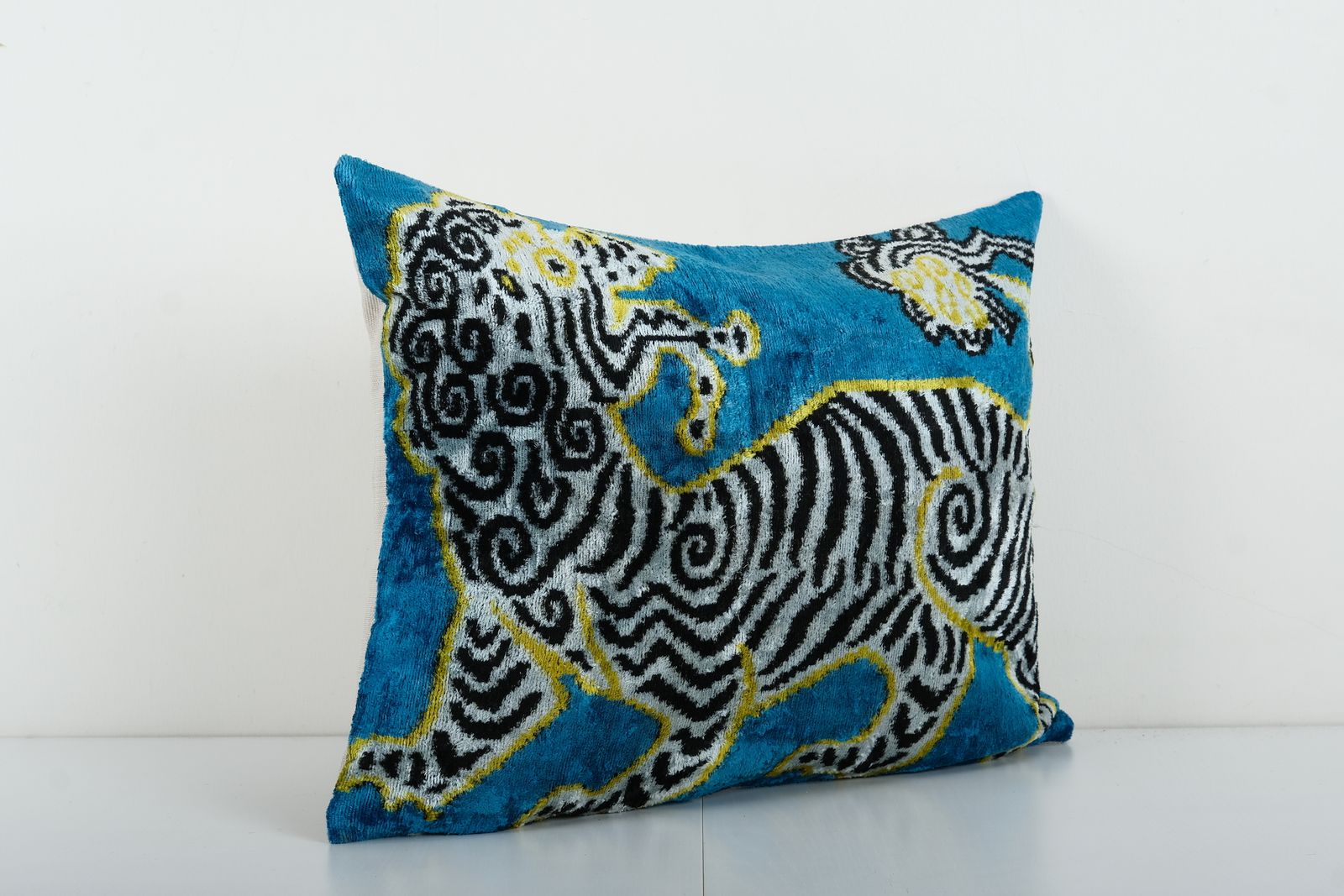 Zebra Silk Ikat Velvet Pillow Cover   Handloom Blue Animal Pattern Lumbar Cushion Cover   Ikat Home Decor Pillowcase photo furniture