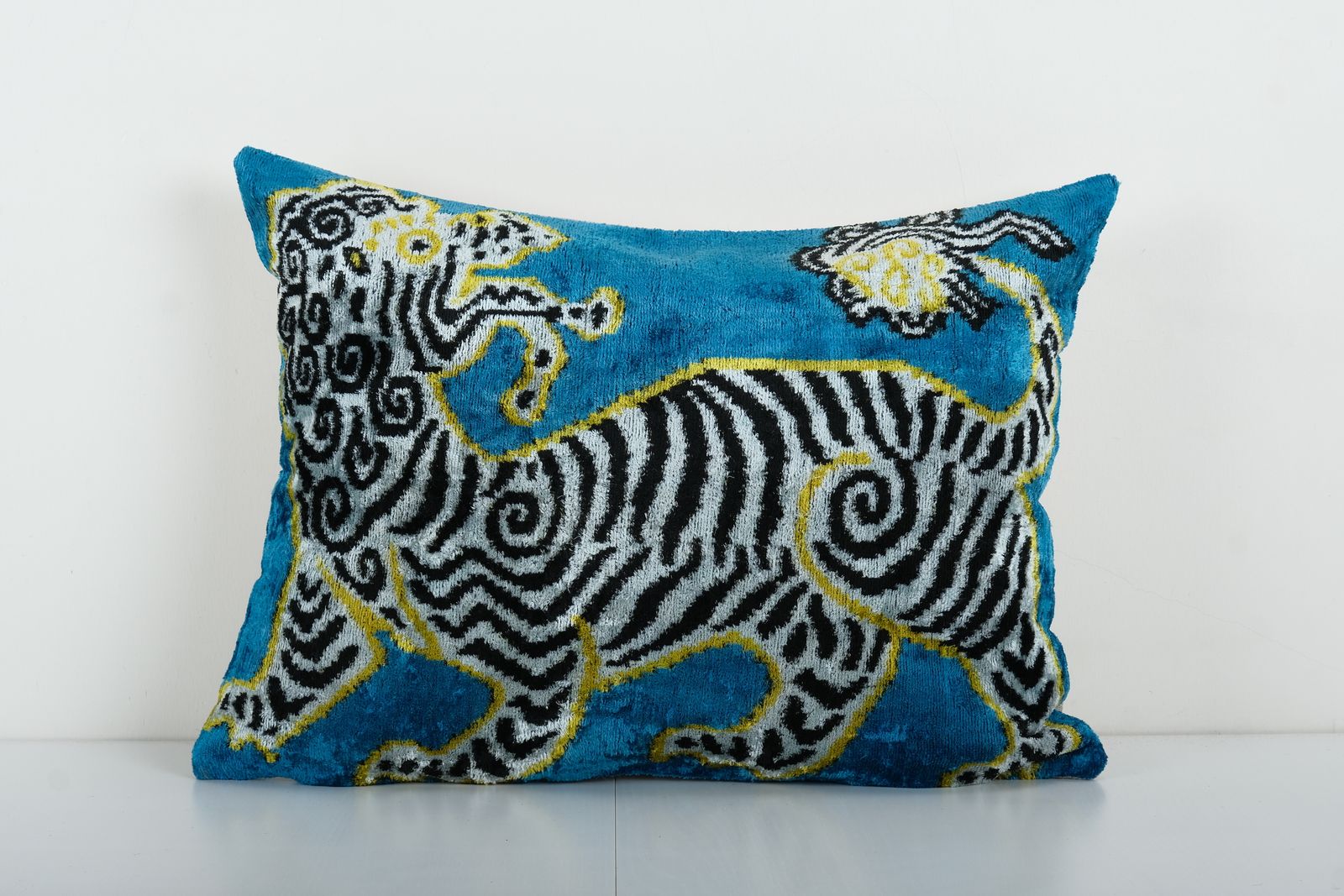 Zebra Silk Ikat Velvet Pillow Cover   Handloom Blue Animal Pattern Lumbar Cushion Cover   Ikat Home Decor Pillowcase