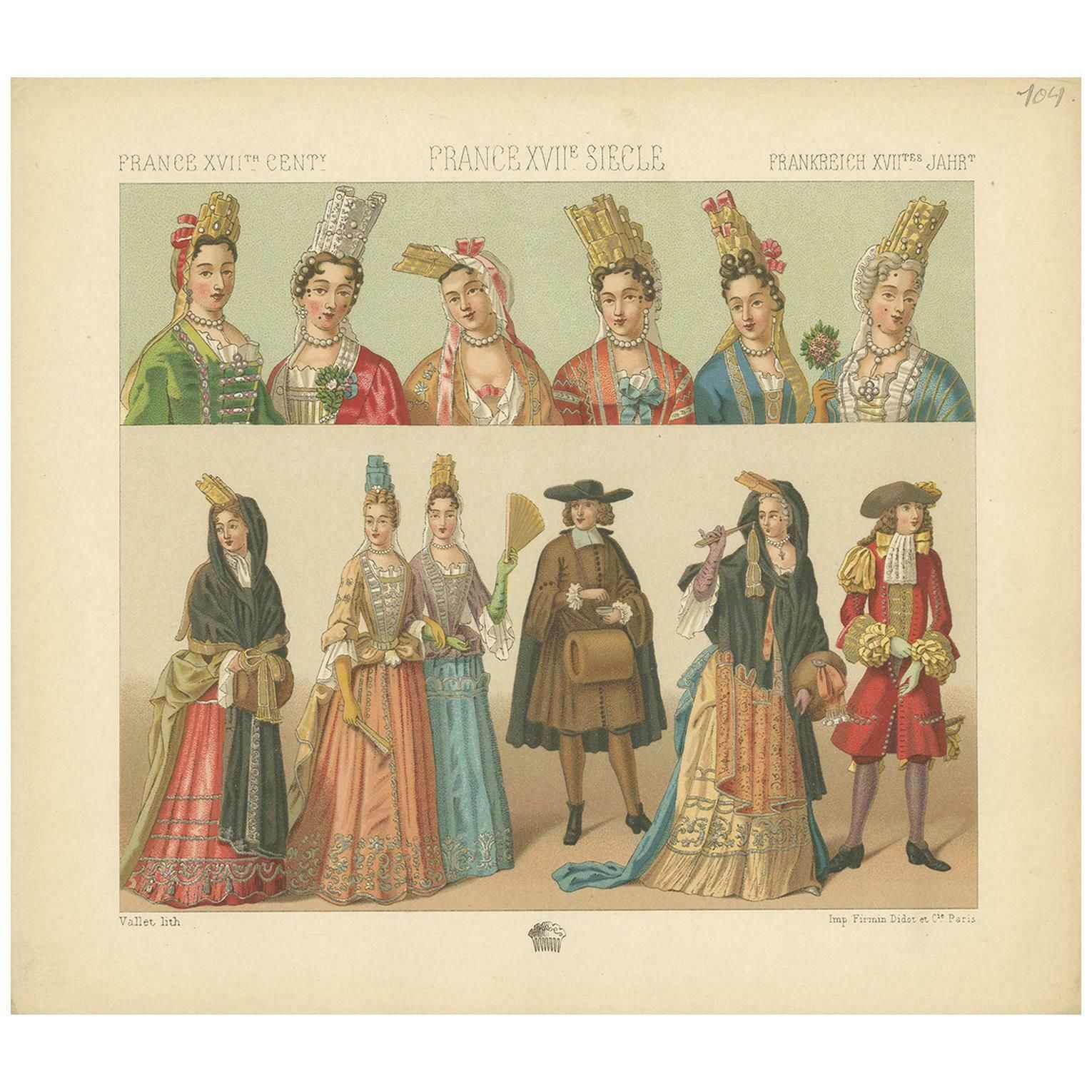 Pl. 104 Antique Print Of French 17th Century Costumes By Racinet, Circa 1880