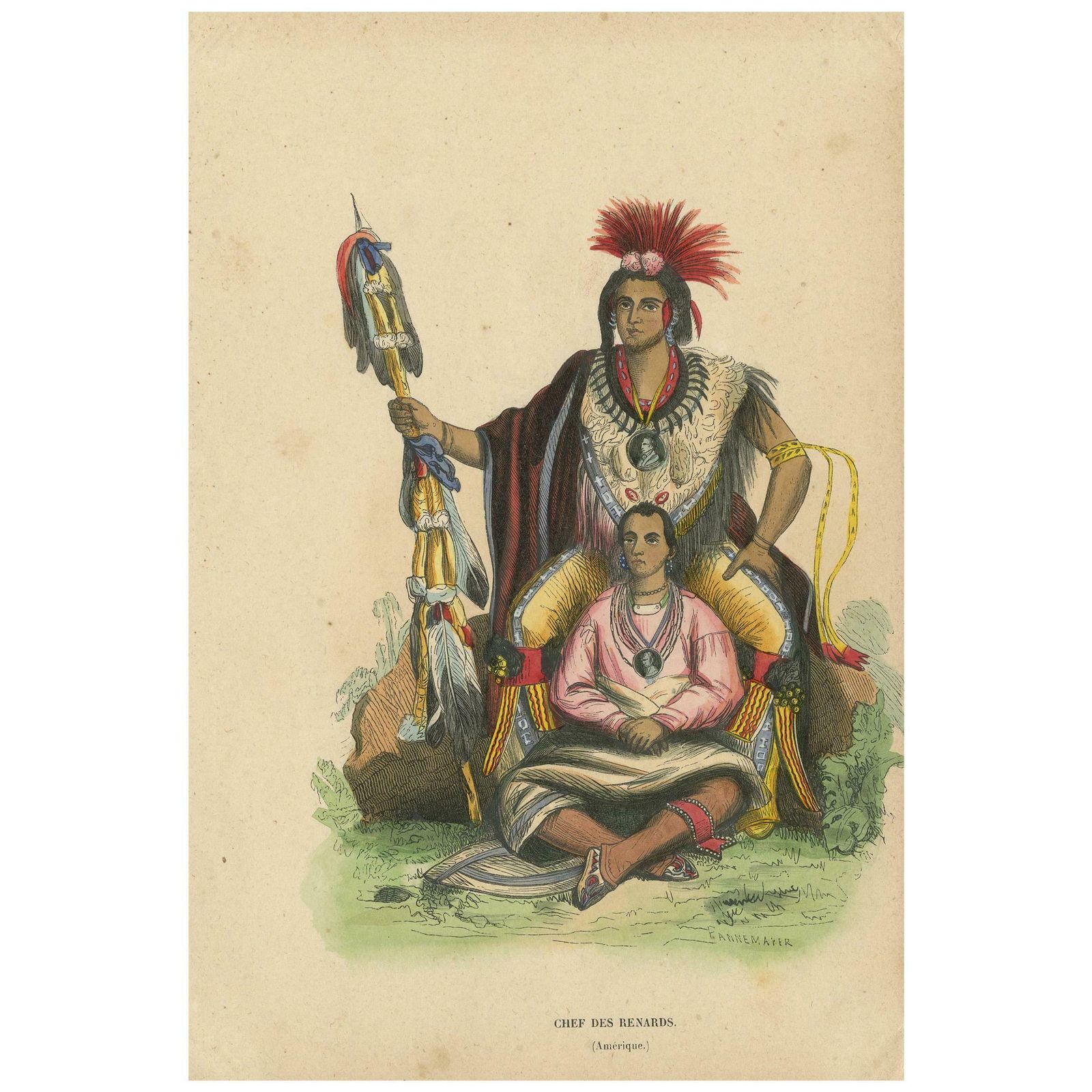 Antique Costume Print Of A Meskwaki Chief By Wahlen, 1843