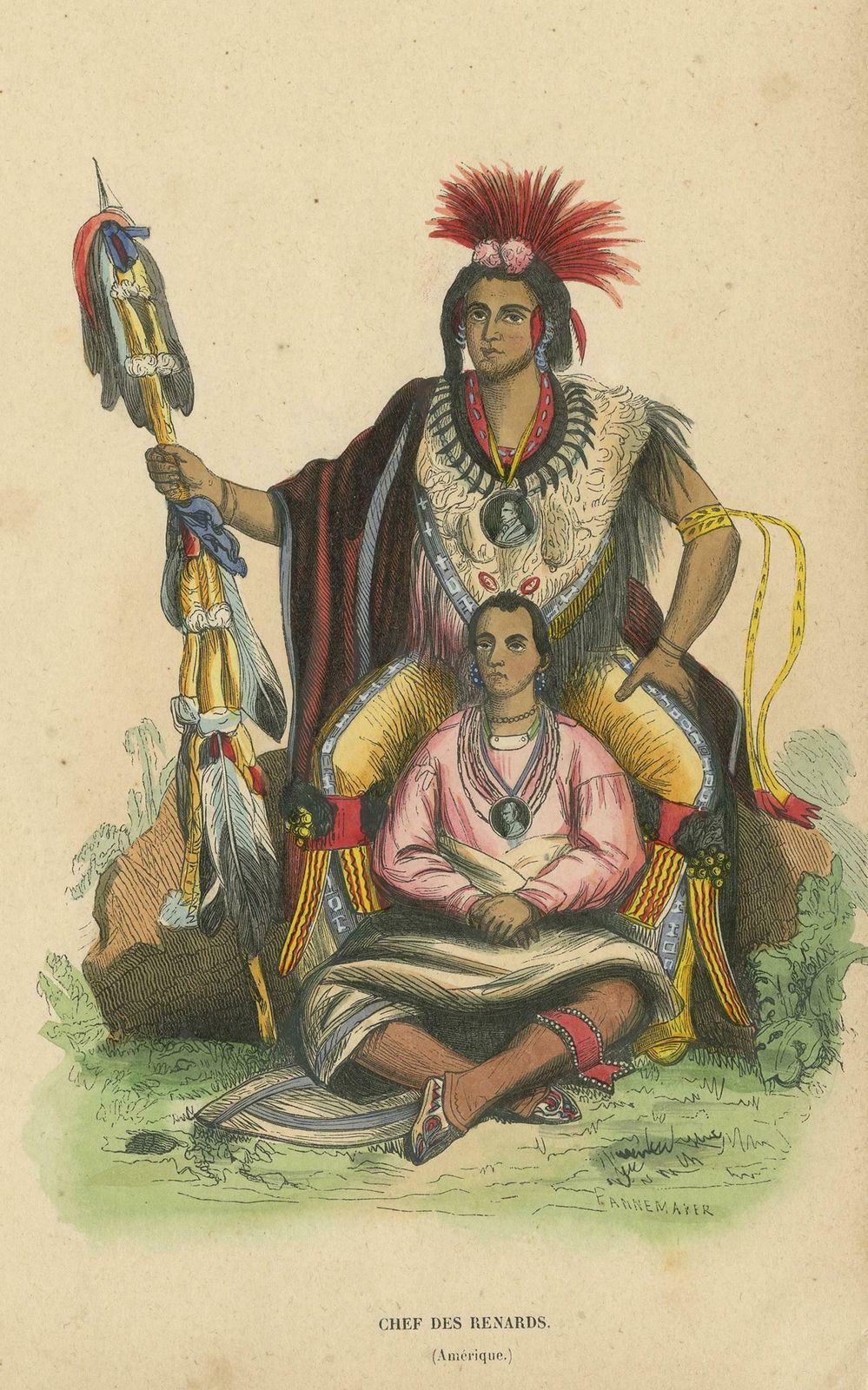 Antique Costume Print Of A Meskwaki Chief By Wahlen, 1843 photo for sale