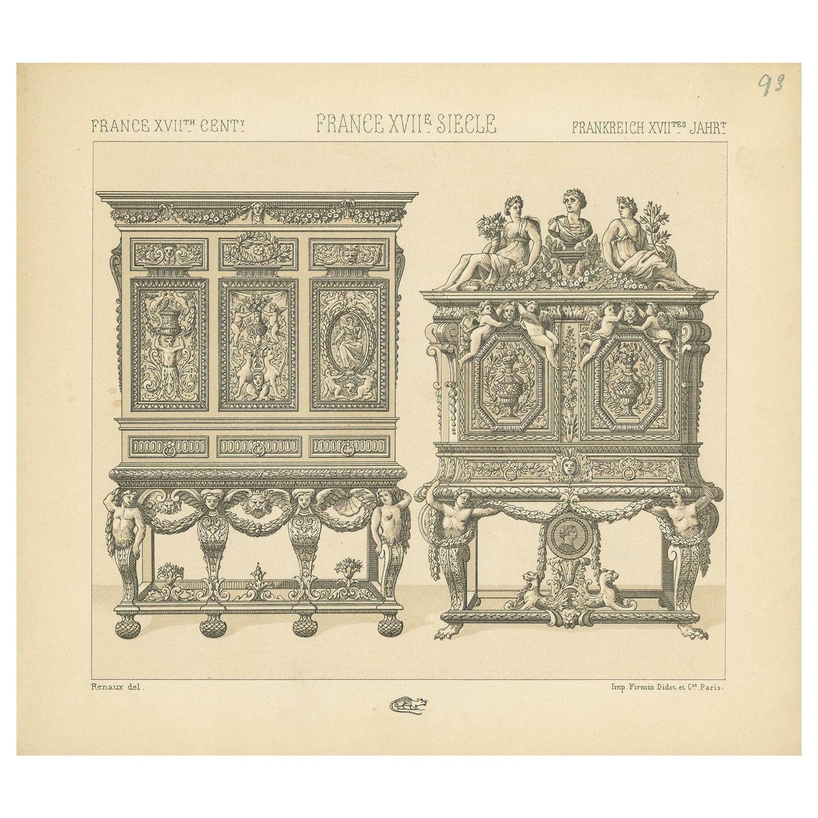 Pl. 93 Antique Print Of French 17th Century Furniture By Racinet, Circa 1880