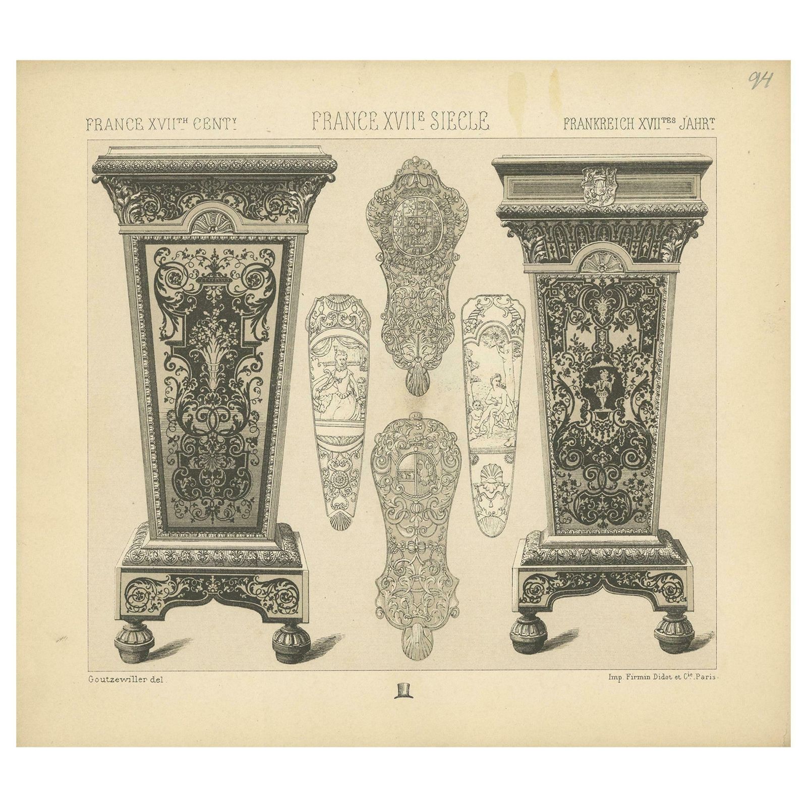 Pl. 94 Antique Print Of French 17th Century Decoration By Racinet, Circa 1880