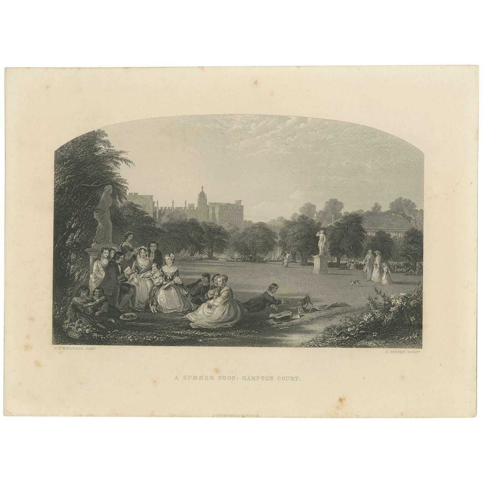 Antique Print Of Figures In The Garden Of Hampton Court Palace, 'C.1860'