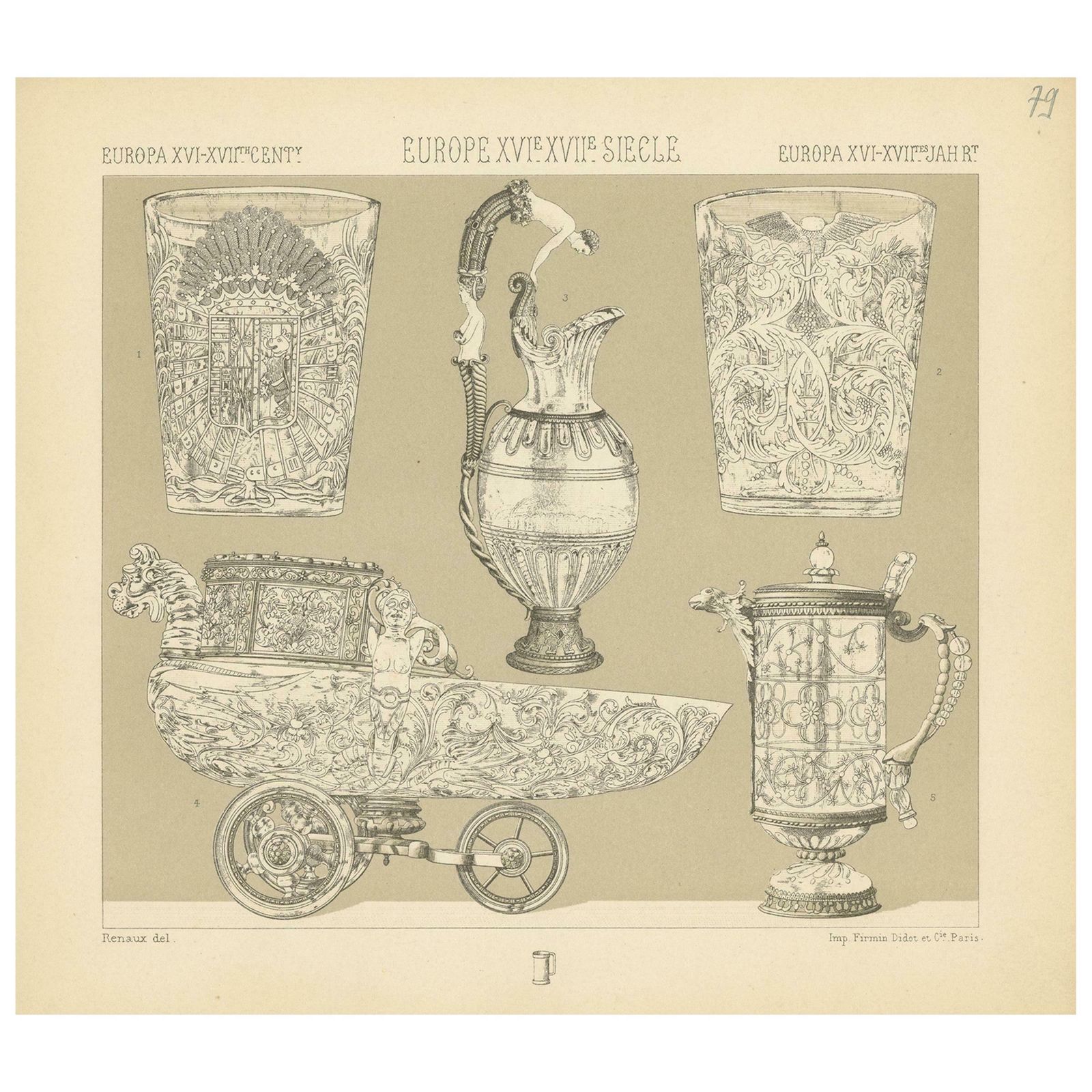 Pl. 79 Antique Print Of European Xvith Xviith Deco Objects By Racinet