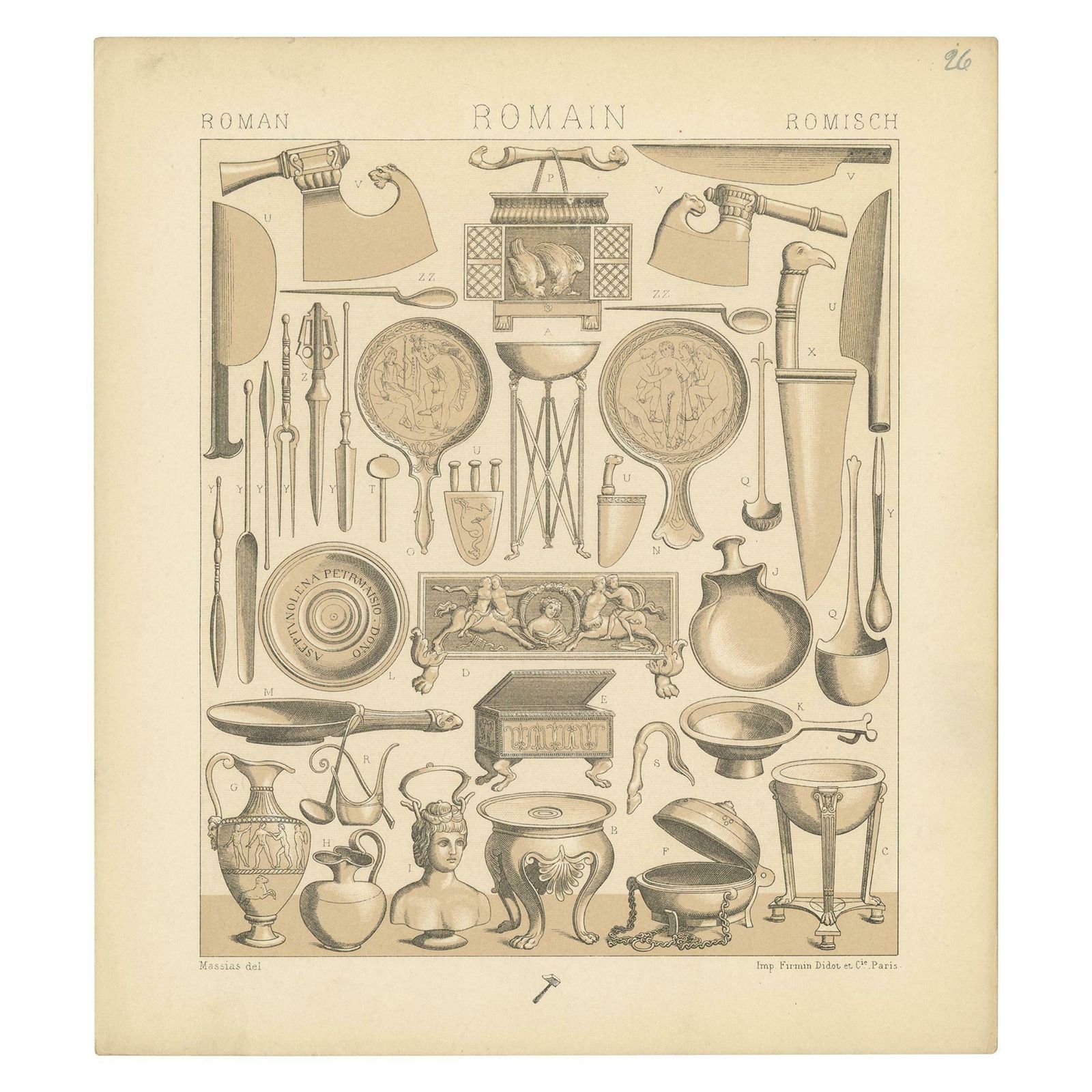 Pl. 26 Antique Print Of Roman Decorative Objects By Racinet, 'Circa 1880'