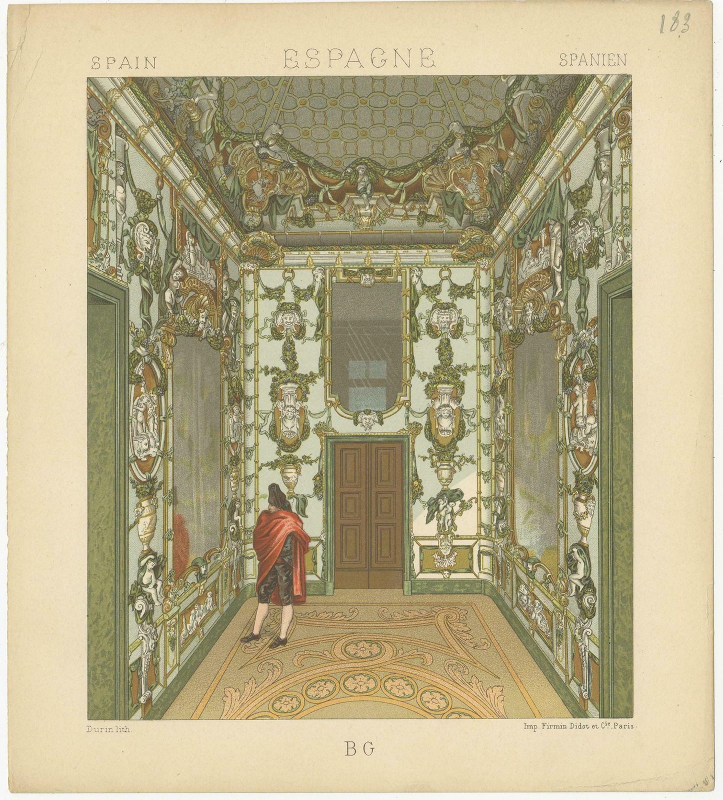 Pl. 183 Antique Print Of Spanish Interior By Racinet, 'Circa 1880' photo Art