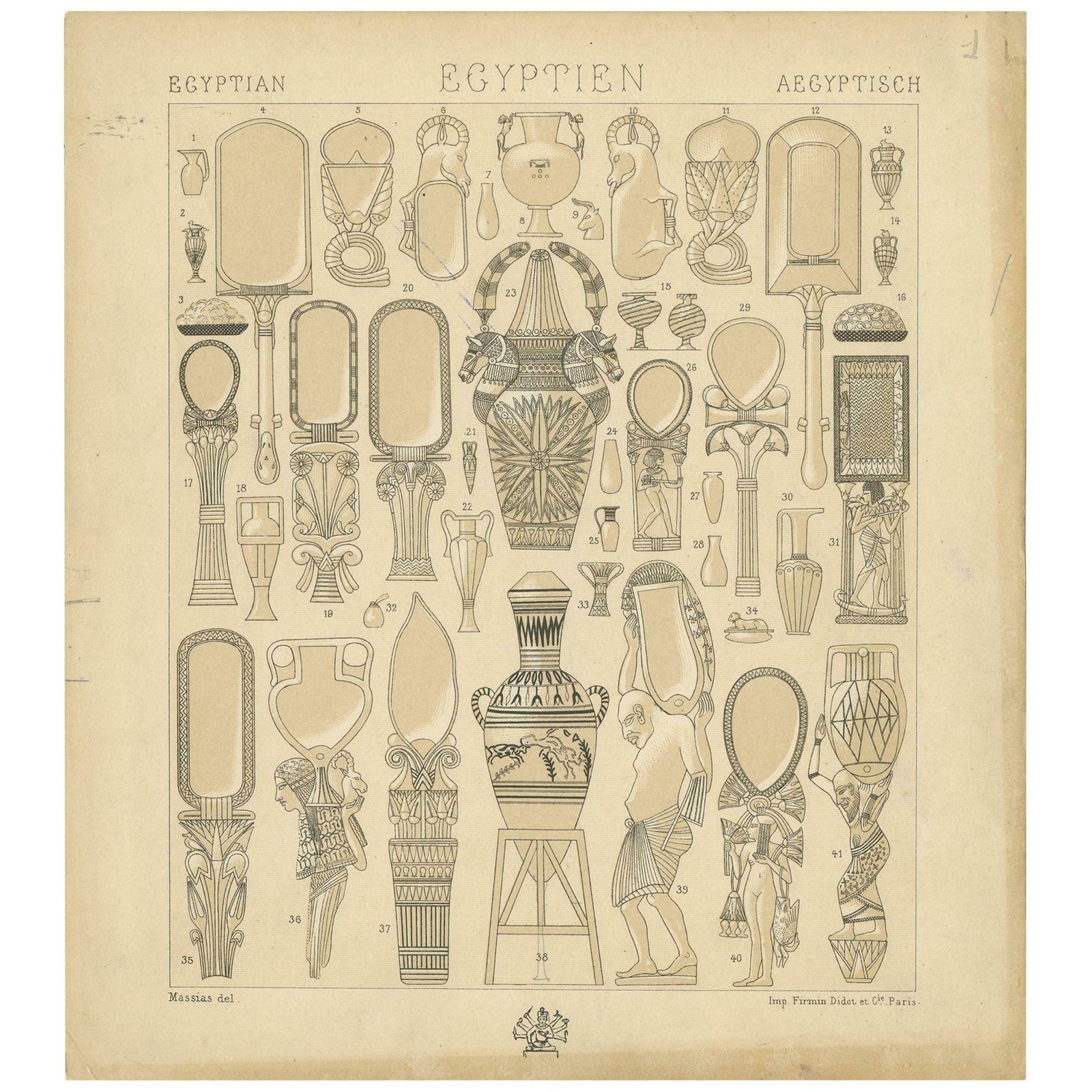 Pl. 1 Antique Print Of Egyptian Decorative Objects By Racinet, 'Circa 1880'