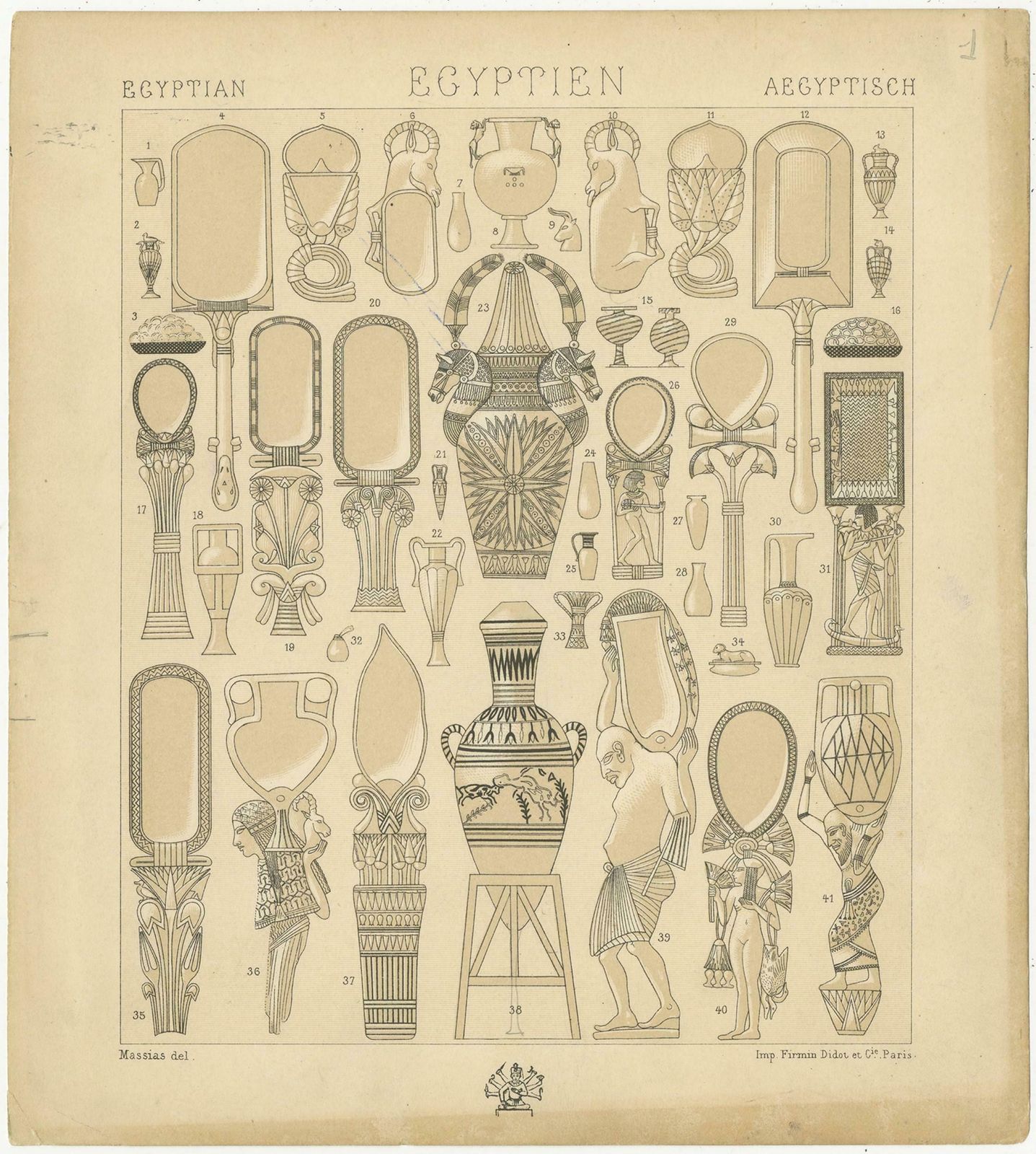Pl. 1 Antique Print Of Egyptian Decorative Objects By Racinet, 'Circa 1880' photo Art