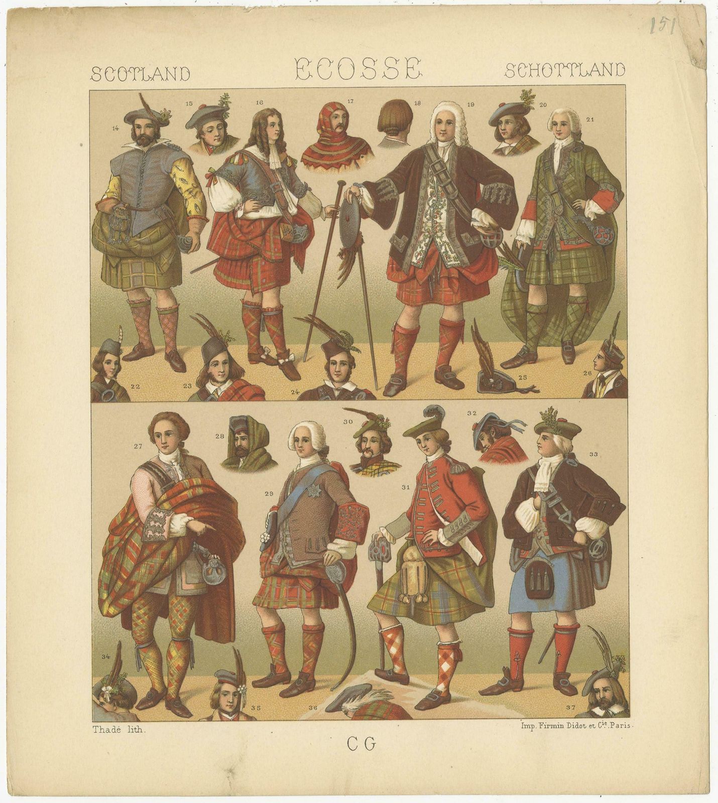 Pl. 151 Antique Print Of Scottish Men Outfits By Racinet, 'Circa 1880' photo furniture