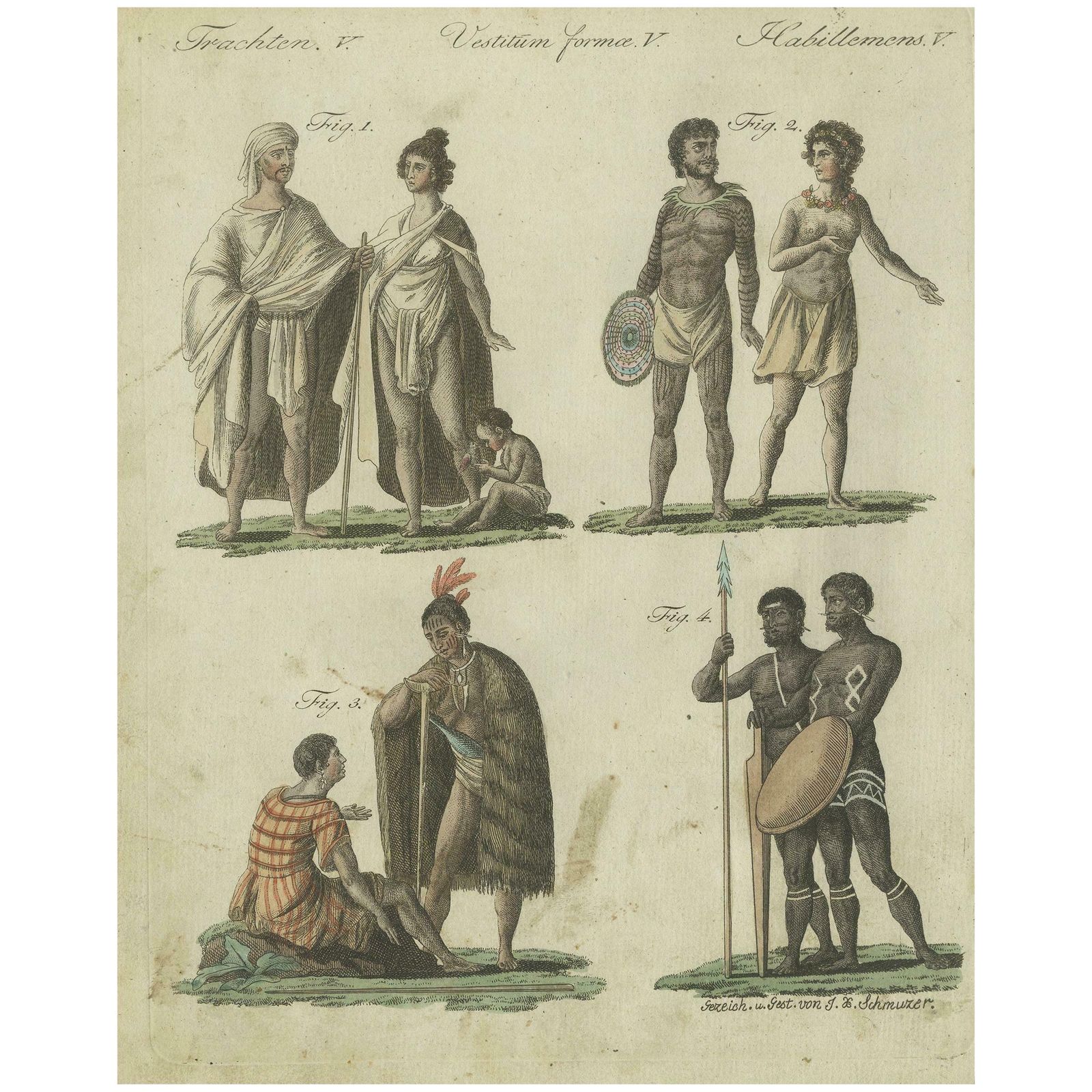 Antique Print Of Inhabitants And Costumes Of Australia By Bertuch, Circa 1800