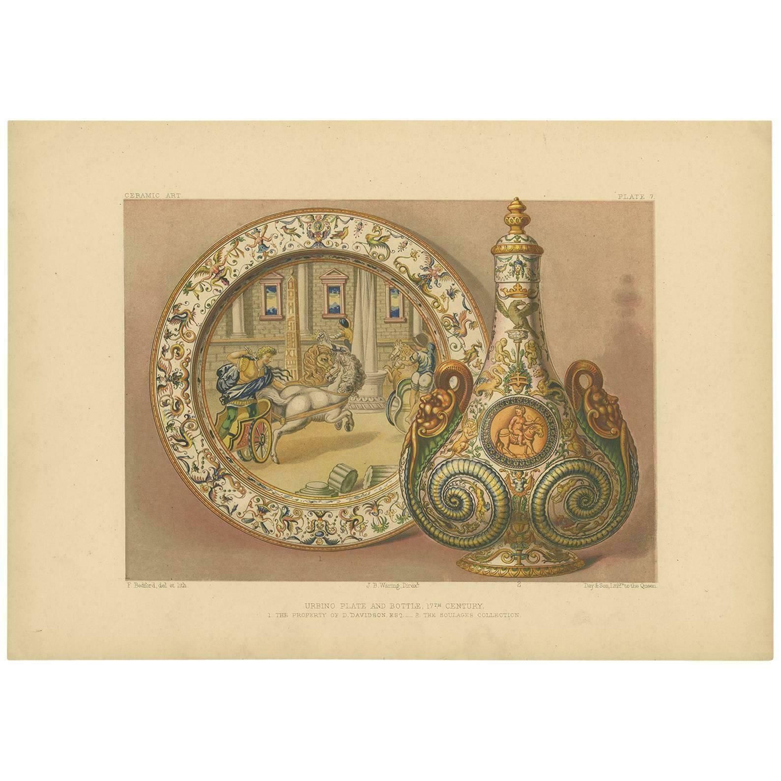 Pl. 7 Antique Print Of An Urbino Ceramic Plate And Bottle By Bedford, Circa 1857