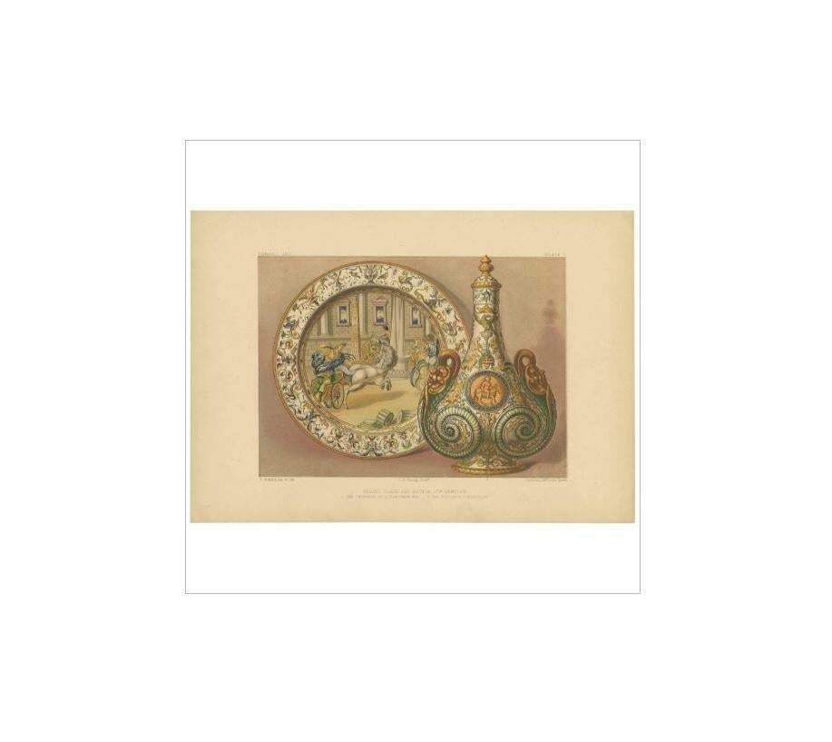 Pl. 7 Antique Print Of An Urbino Ceramic Plate And Bottle By Bedford, Circa 1857 photo furniture