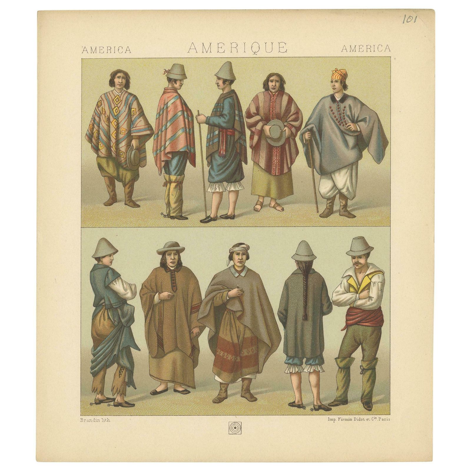 Pl. 101 Antique Print Of American Costumes Racinet, 'Circa 1880'