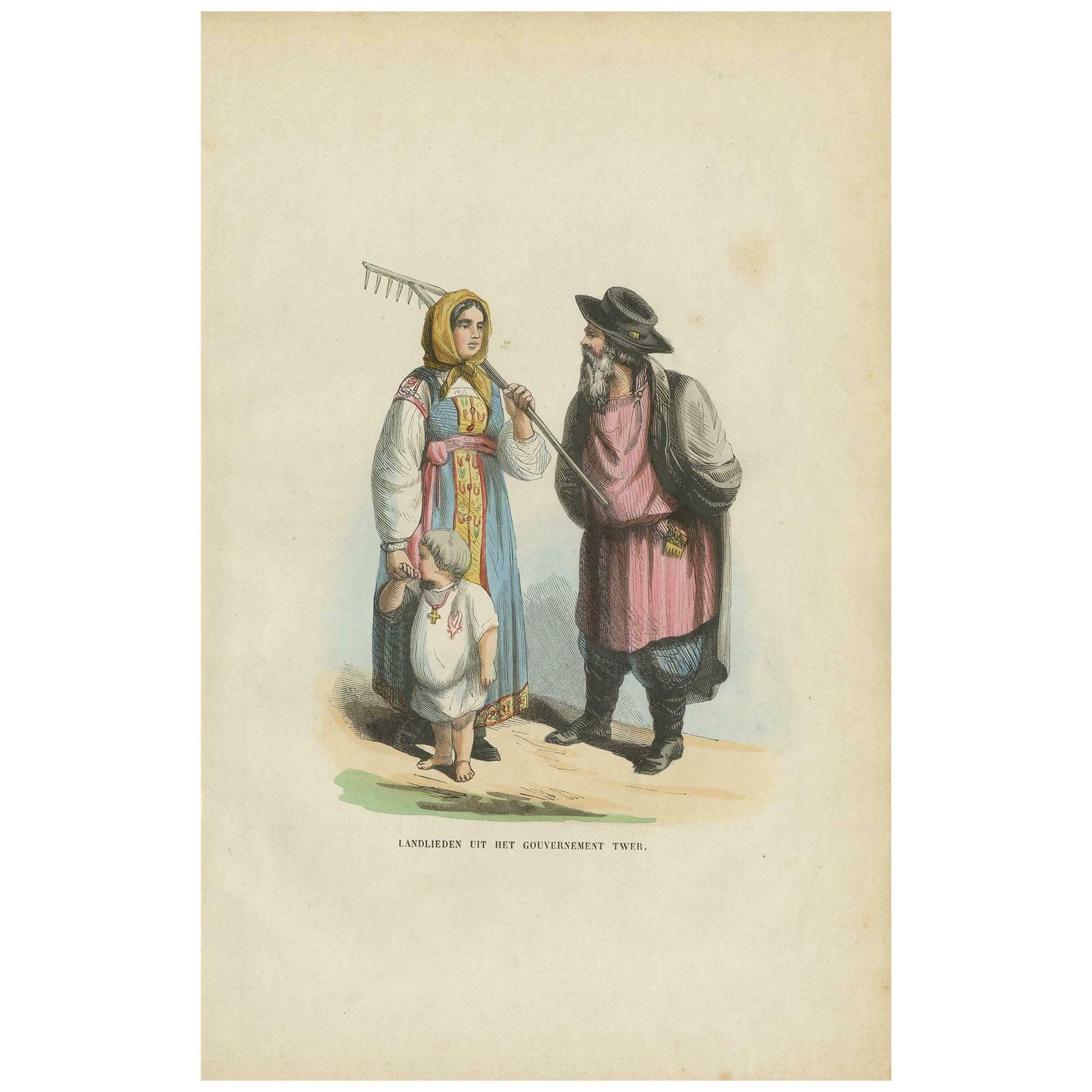 Antique Print Of A Farmer Family From Tver 'Russia' H. Berghaus, 1855