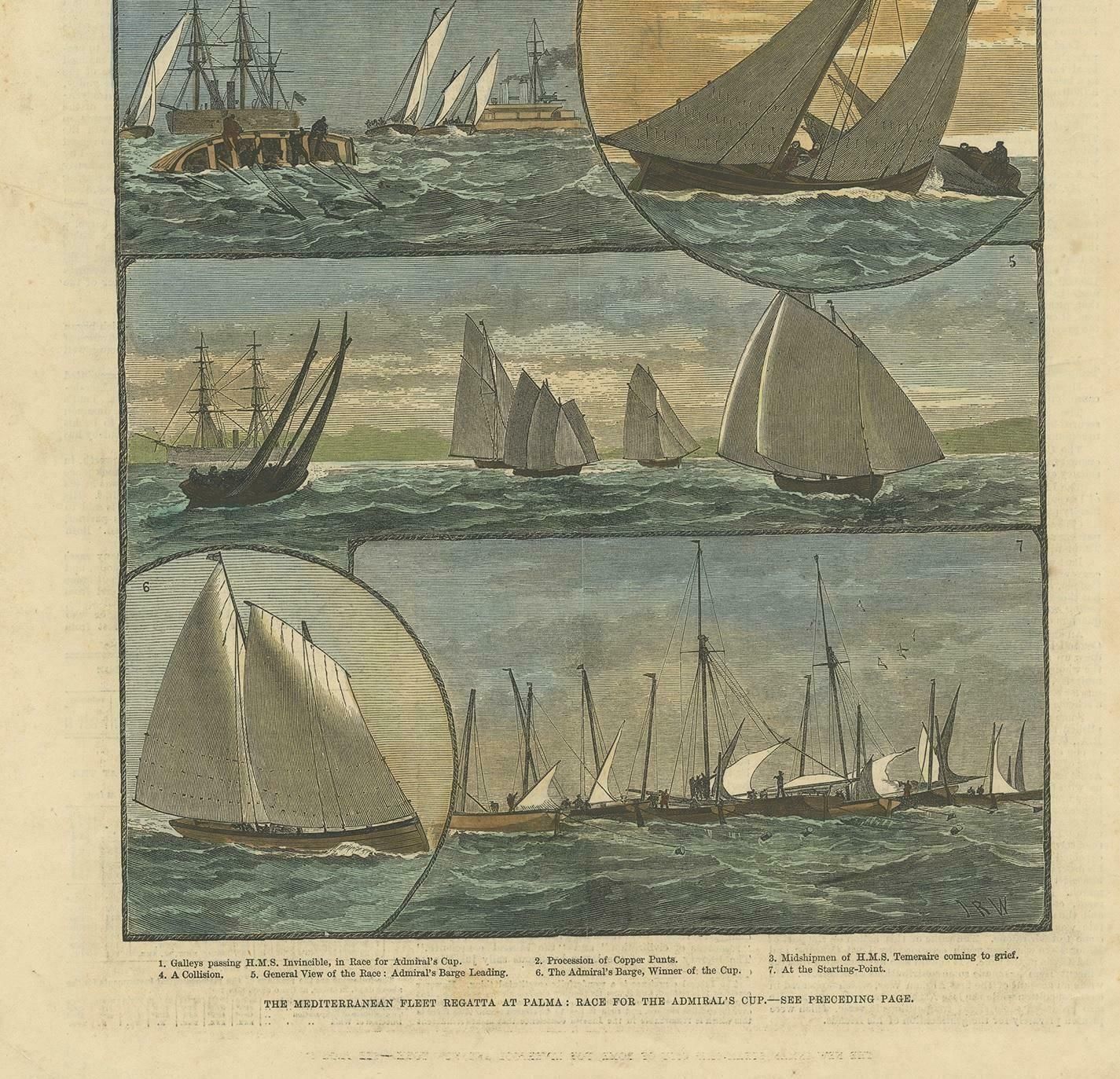 Antique Print Of The Mediterranean Fleet Regatta At Palma, 1881, Colored photo for sale