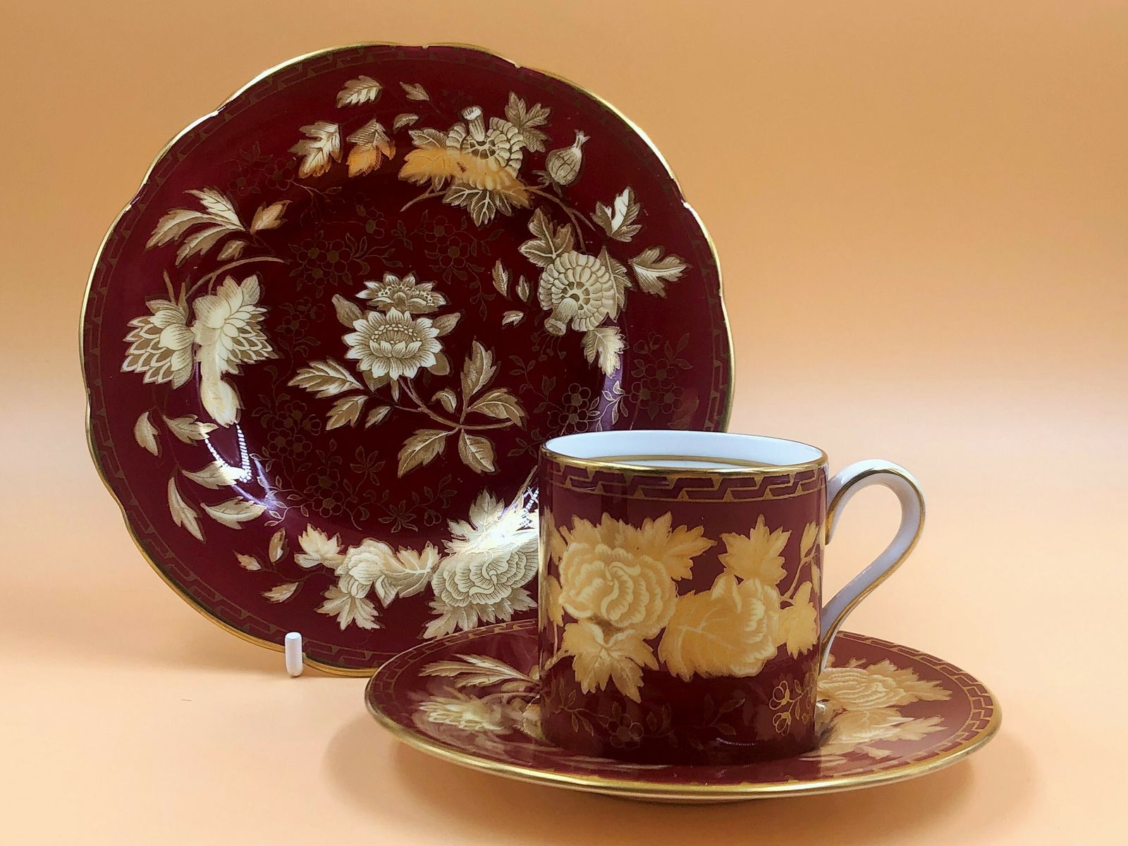 3 Piece Wedgwood China Ruby Tonquin Demitasse, Saucer & Side Plate Trio. W2488.