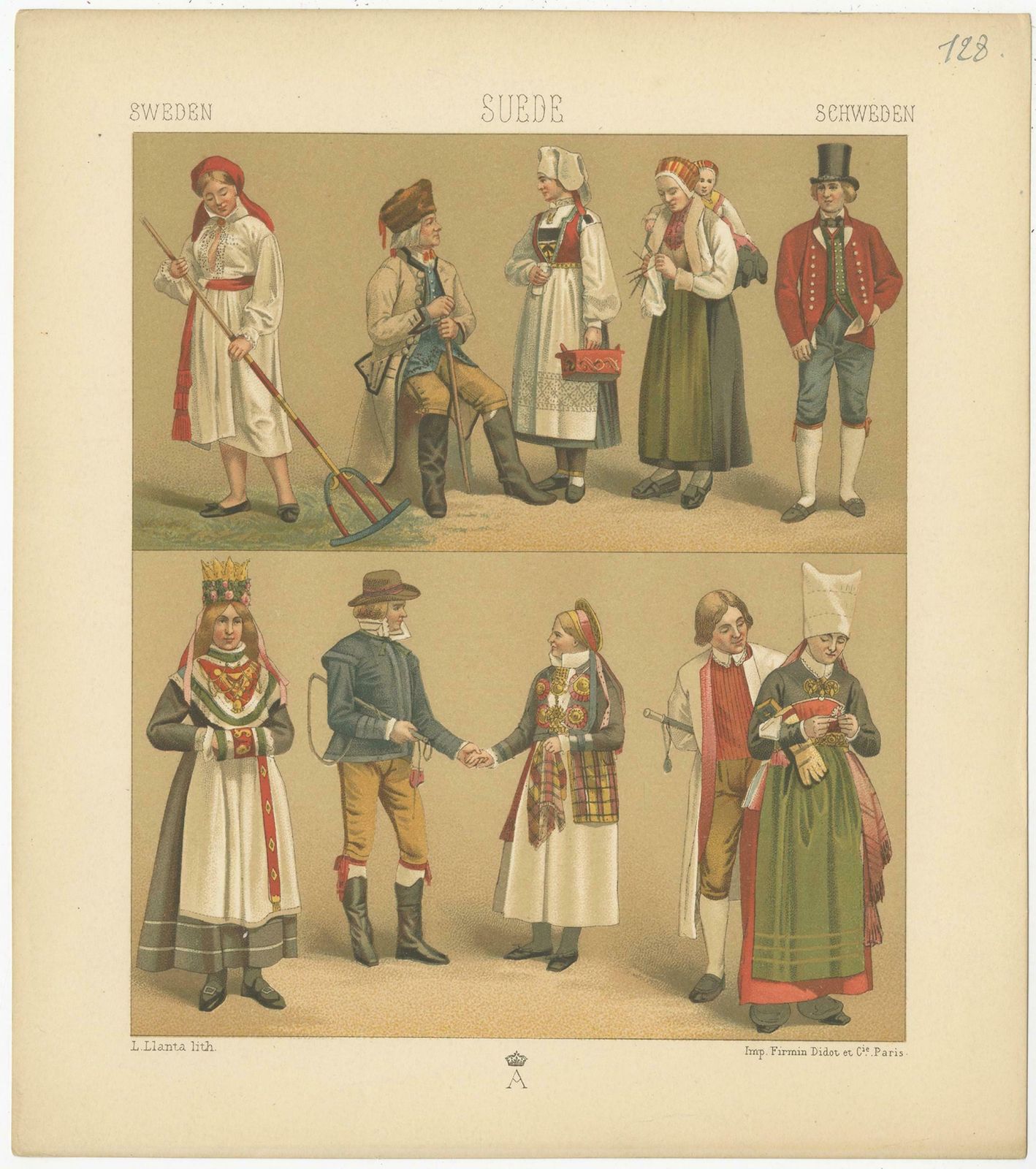 Pl. 128 Antique Print Of Swedish Costumes Of Racinet, 'Circa 1880' photo Art
