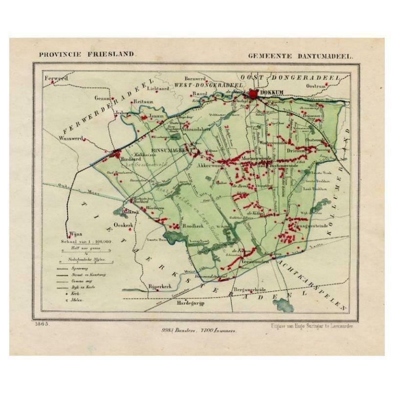 Antique Map Of Dantumadeel, Friesland, The Netherlands, 1868