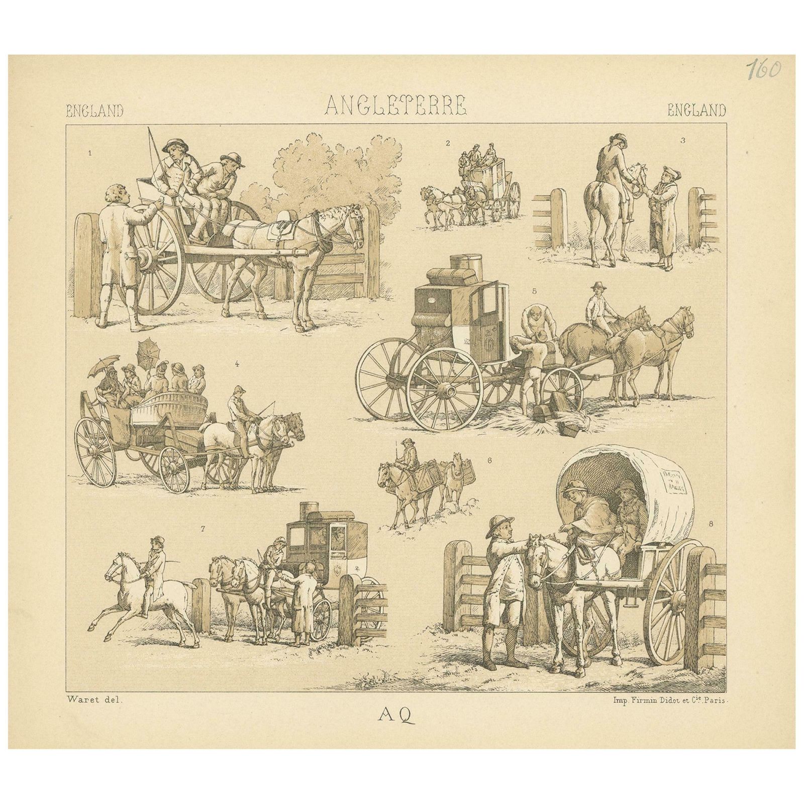 Pl. 160 Antique Print Of English Horses And Carriages By Racinet, 'Circa 1880'
