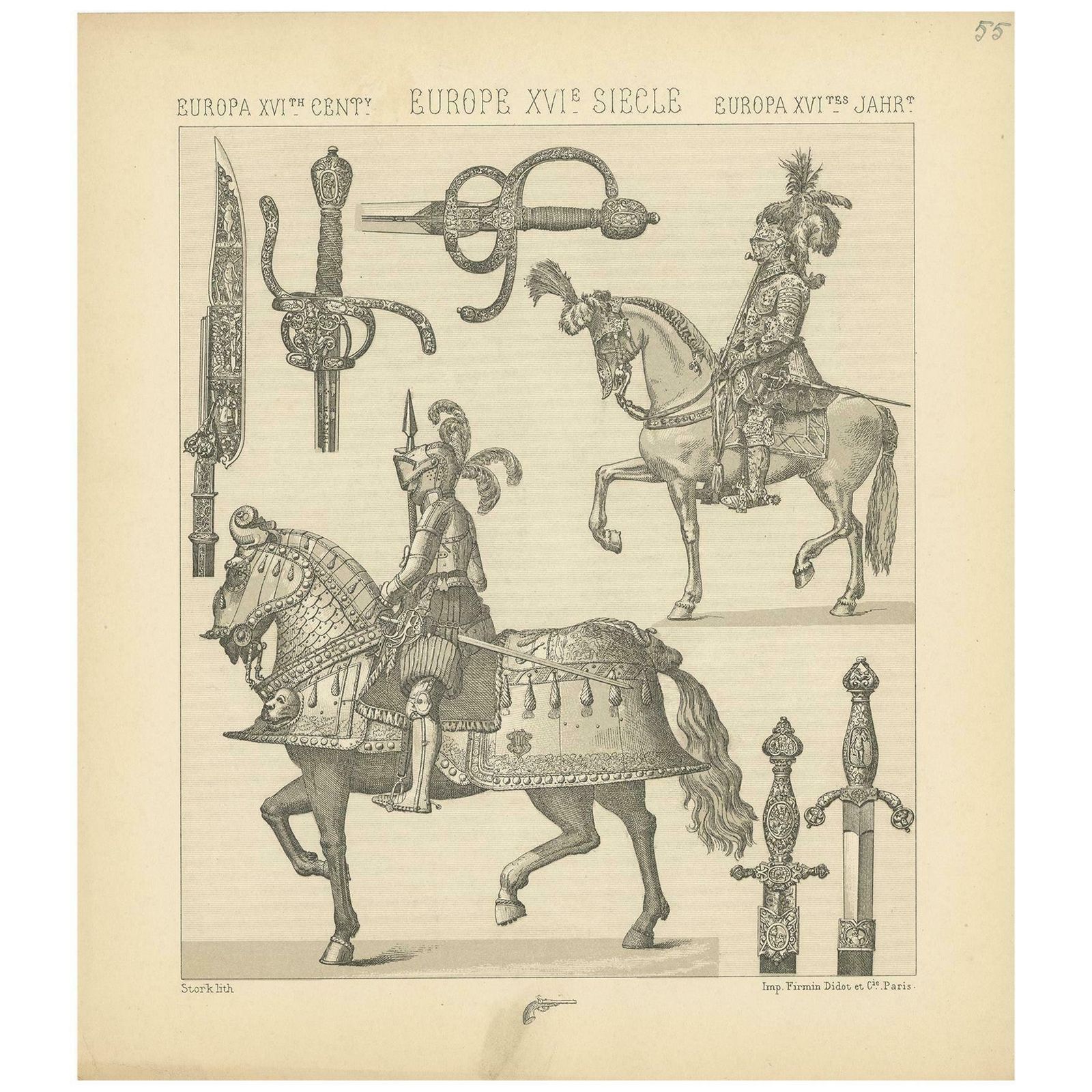 Pl. 55 Antique Print Of European 16th Century Armaments By Racinet, Circa 1880