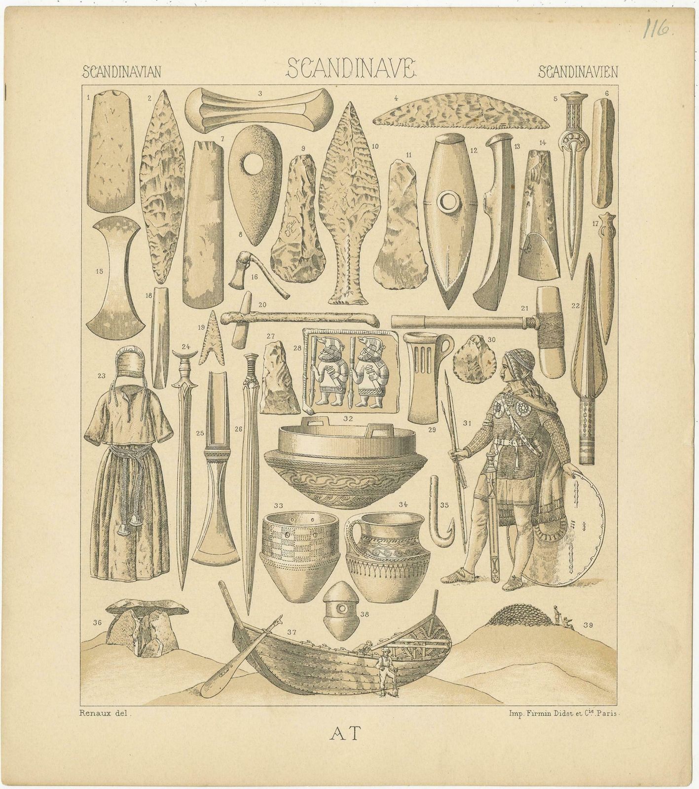 Pl. 116 Antique Print Of Scandinavien Tools And Objects Of Racinet, 'Circa 1880' photo furniture