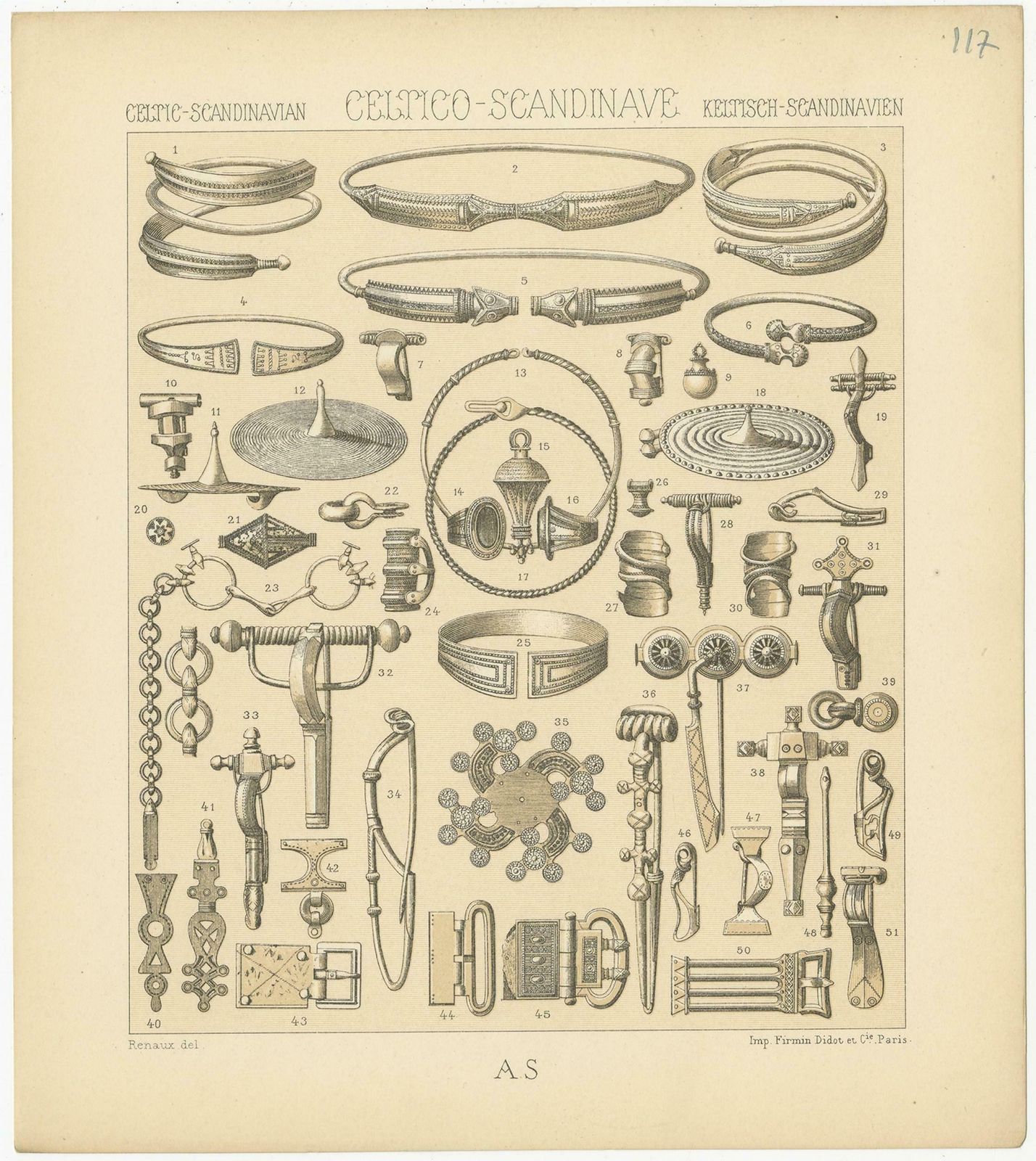 Pl. 117 Antique Print Of Celtic Scandinavian Objects Of Racinet, 'Circa 1880' photo furniture