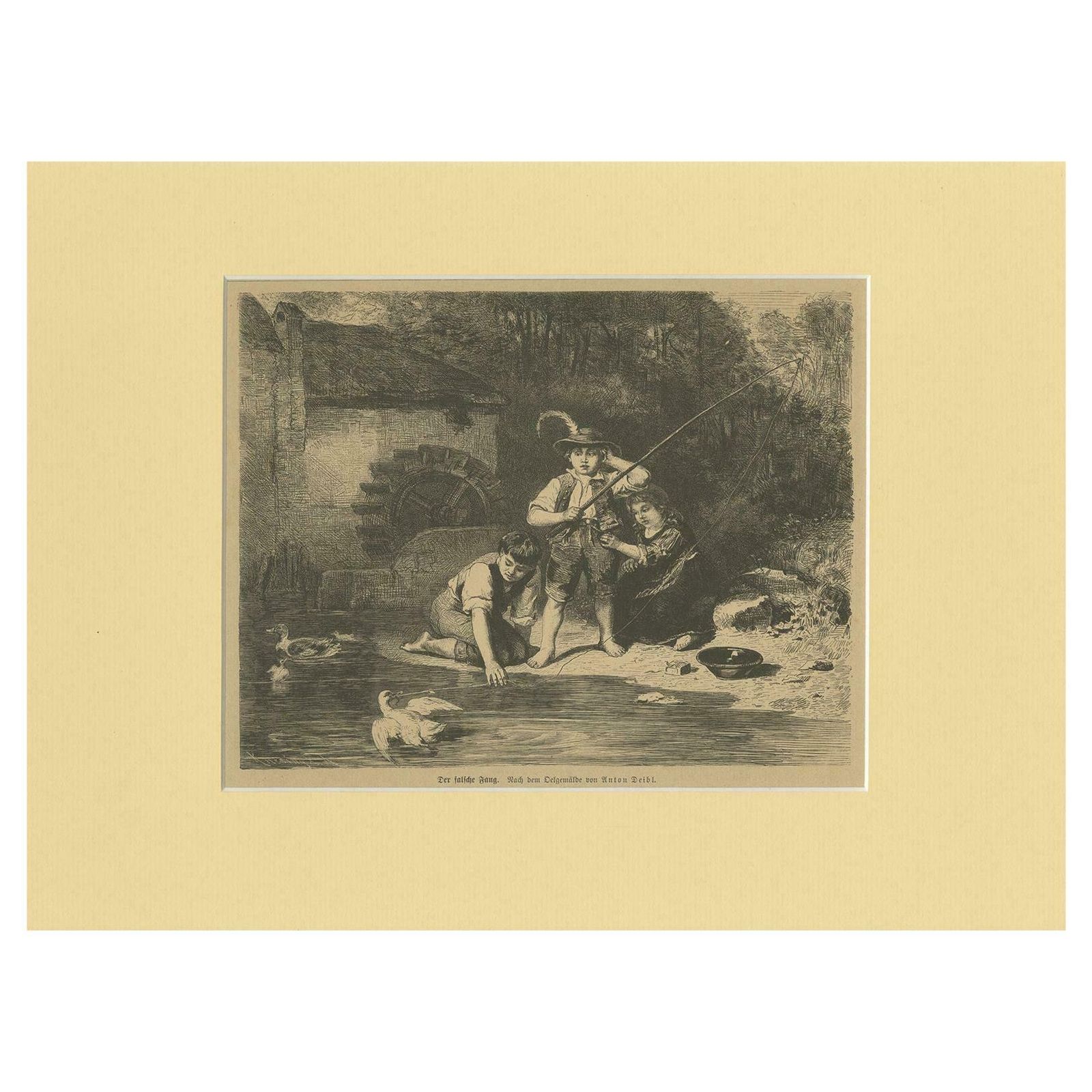 Antique Print Of Children Fishing 'C.1900'