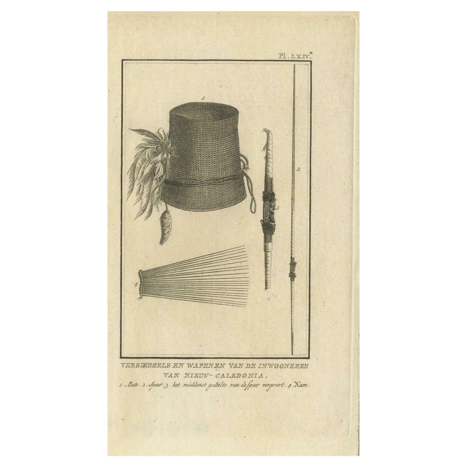 Antique Print Depicting Weapon Decorations Produced By Natives By Cook, 1803