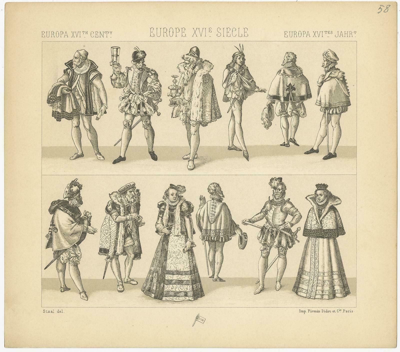 Pl. 58 Antique Print Of European 16th Century Costumes By Racinet photo for sale