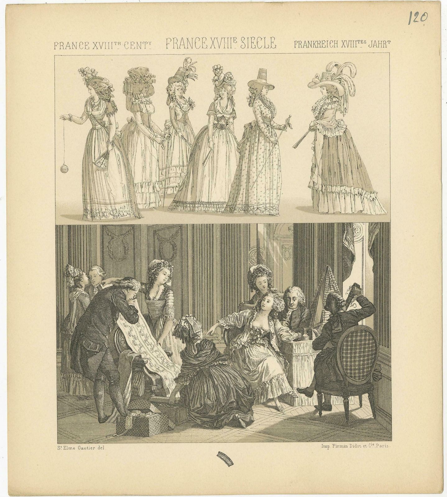 Pl. 120 Antique Print Of French 18th Century Dresses By Racinet, 'Circa 1880' photo for sale