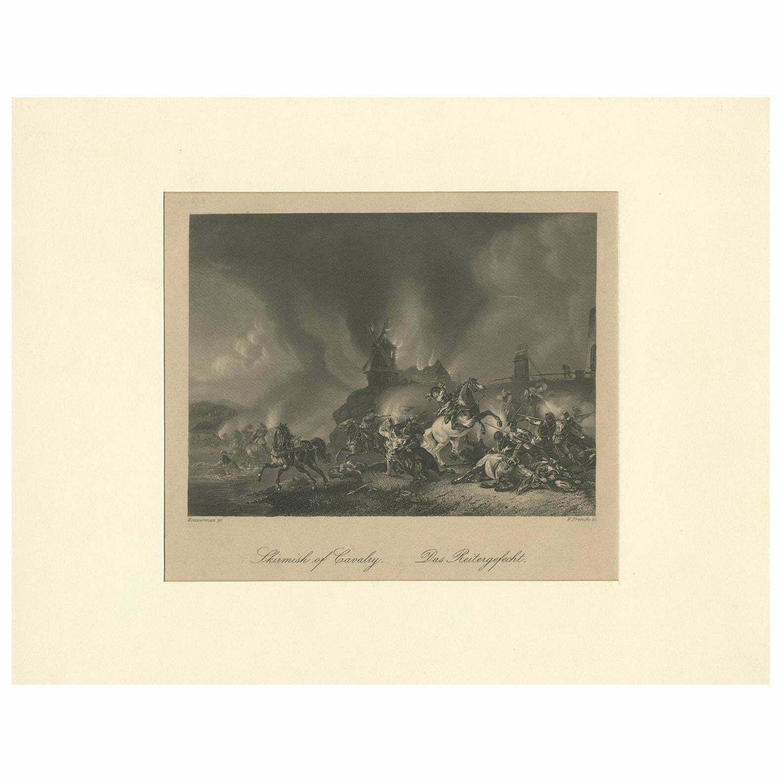 Antique Print Of A Cavalry Battle Scene By Heawood, Circa 1860